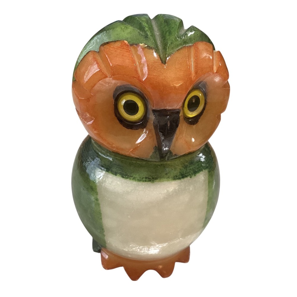 Ducceschi Italy Hand Painted Alabaster Owl Figurine Green Orange Vintage 4x2